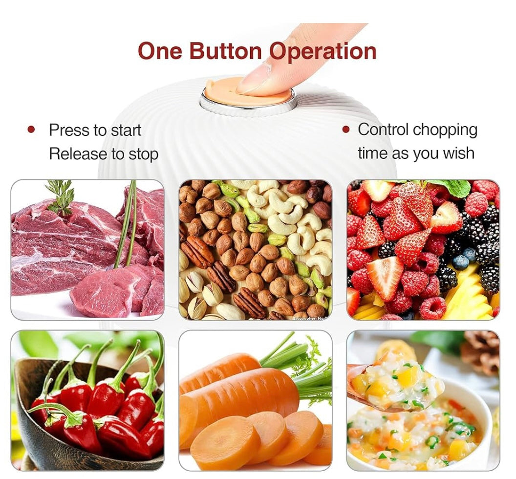 One button operation image with sliced meat, vegetables, and nuts to show versatility.