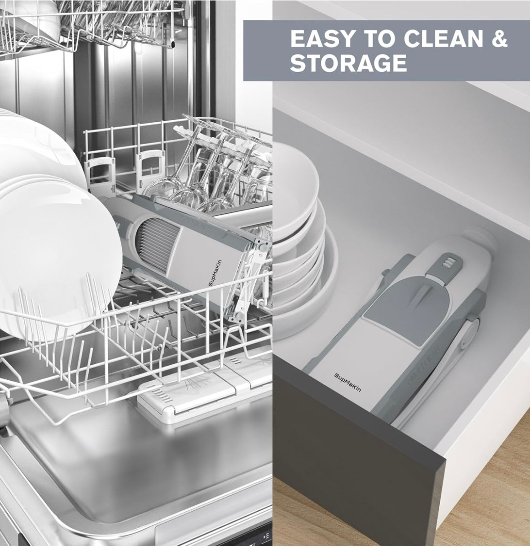 Vegetable slicer placed in dishwasher for easy cleaning and storage.