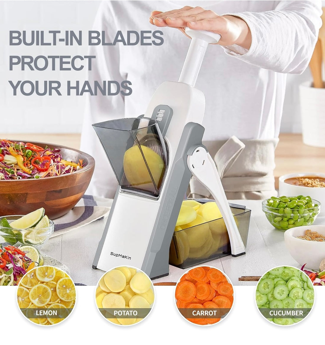 Hand holding slicer over bowl with built-in blades slicing vegetables safely.