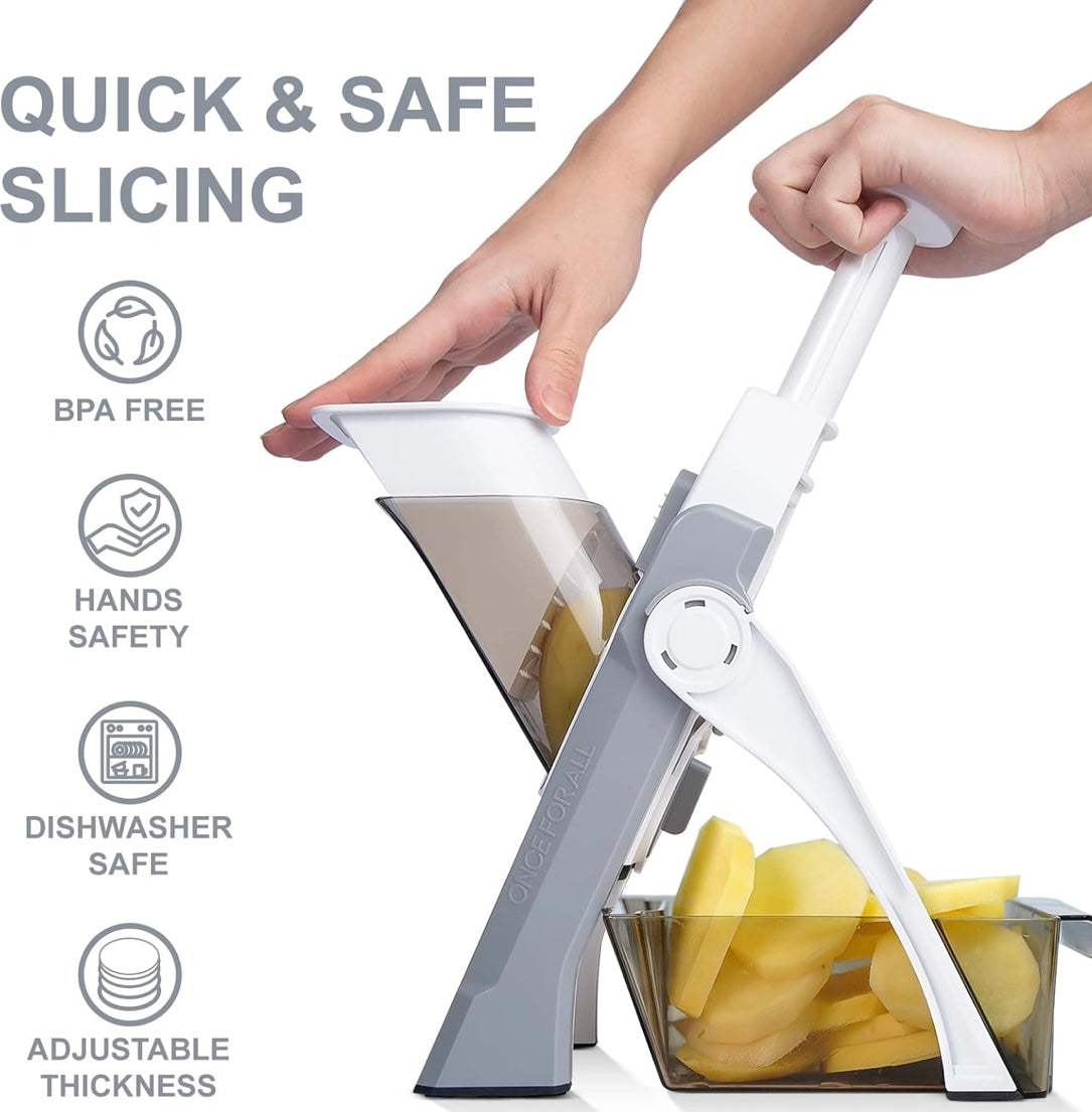 Fast and safe slicing chart showing ergonomic design, safety holder, and blade guard.