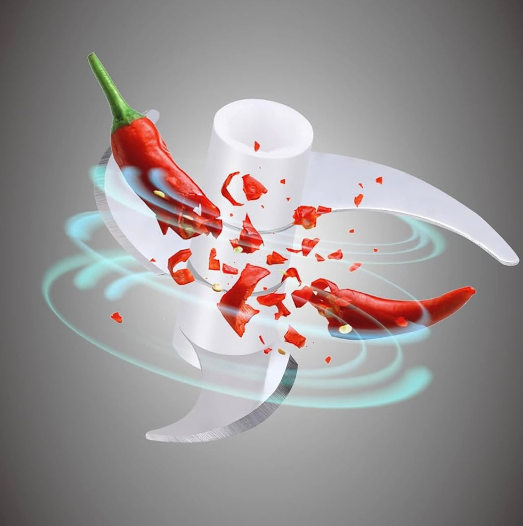 3D-style spinning blade cutting chili pepper with splash effect.