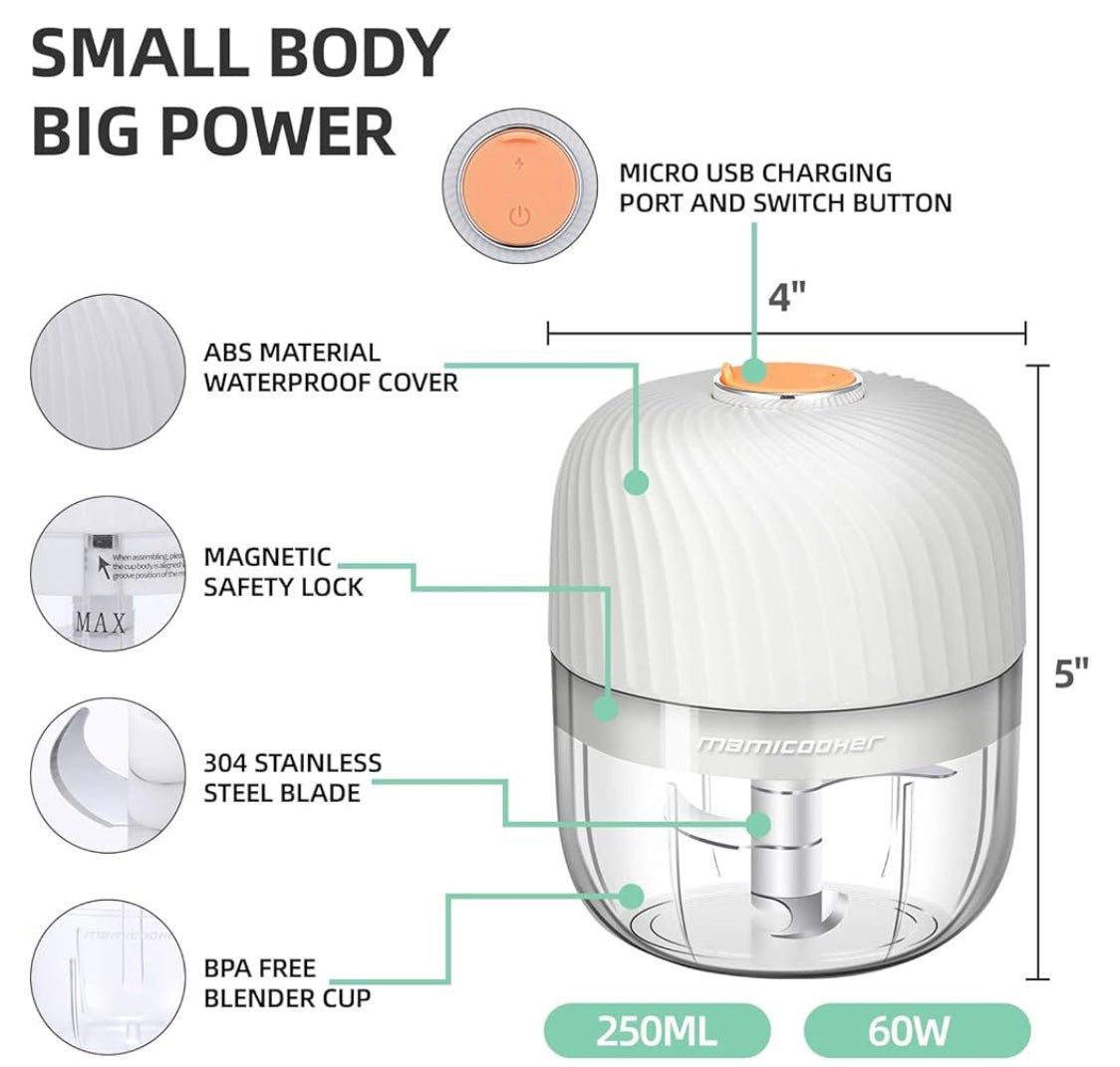 Diagram showing structure of mini garlic chopper with blade details and USB charging port.