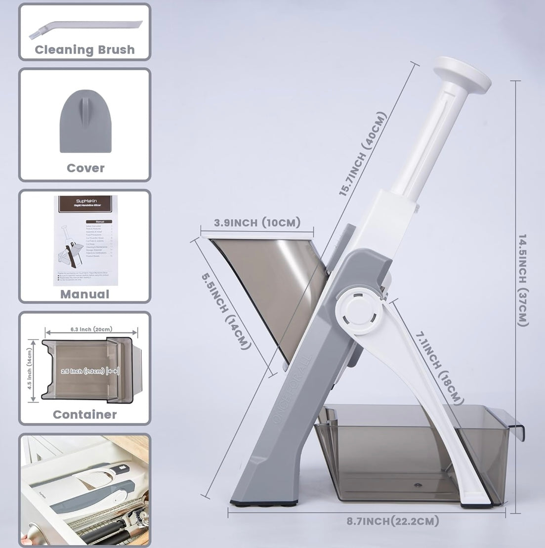 Packaging view of vegetable slicer with all attachments and blade types.